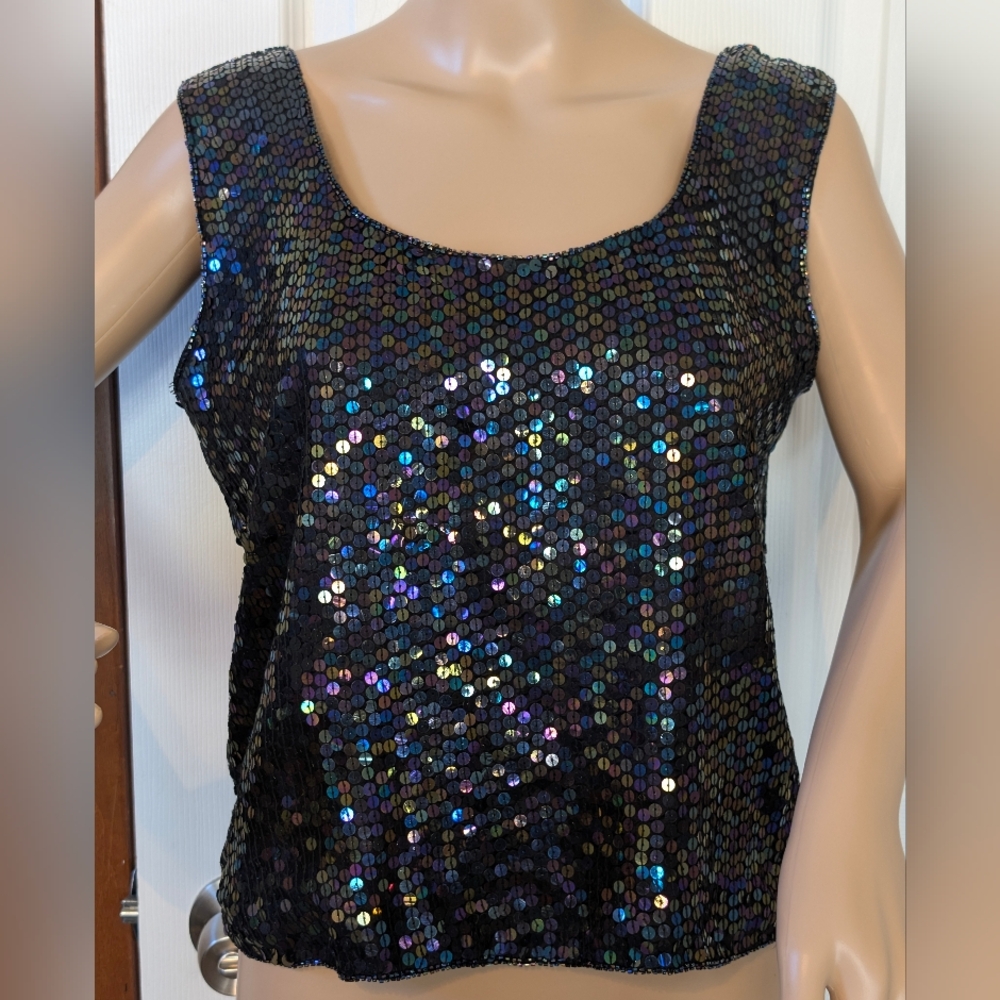 Elegance By Anujan Pure Silk & Rayon Black Iridescent Sequin Scoop Neck Tank Top
